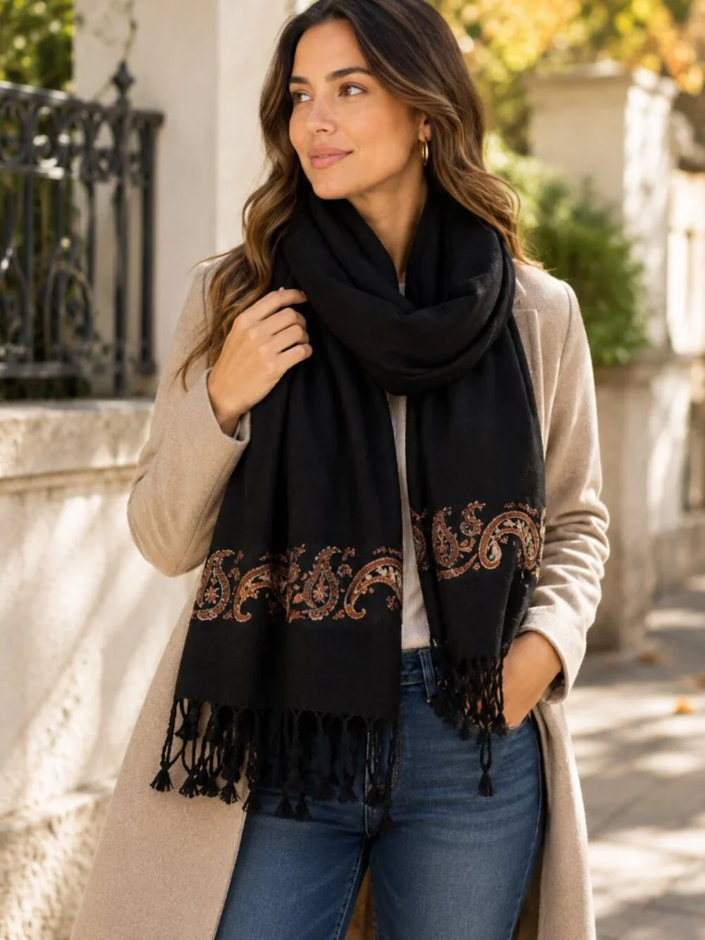 Womens Wool Scarf Black Paisley Trim Tassel Fringe Wrap Shawl Soft Boho Classic